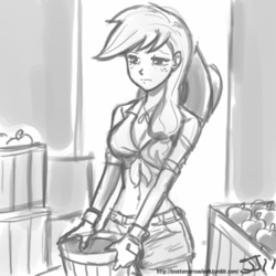 Size: 800x800 | Tagged: safe, artist:johnjoseco, applejack, human, g4, belly button, clothes, daisy dukes, female, front knot midriff, grayscale, humanized, midriff, monochrome, solo, tired