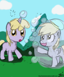 Size: 500x600 | Tagged: safe, artist:johnjoseco, derpy hooves, dinky hooves, g4, bubble, colored, filly