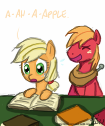 Size: 667x800 | Tagged: safe, artist:johnjoseco, applejack, big macintosh, earth pony, pony, g4, colored, colt big macintosh, female, filly, filly applejack, illiteracy, laughing, male, reading, stallion, younger