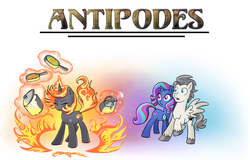 Size: 1500x960 | Tagged: safe, artist:madmax, oc, oc only, oc:incendia, pegasus, pony, unicorn, fanfic:antipodes, cooking, cover art, fanfic, fanfic art, fire