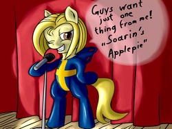 Size: 1024x768 | Tagged: safe, artist:osakaoji, spitfire, pony, g4, anneli heed, female, solo, spandex, stand-up comedy, sweden