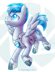 Size: 693x900 | Tagged: dead source, safe, artist:delthero, pegasus, pony, crossover, male, personality core, portal (valve), stallion, wheatley