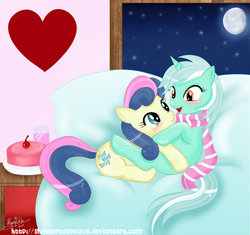 Size: 1024x962 | Tagged: safe, artist:hayyie, bon bon, lyra heartstrings, sweetie drops, earth pony, pony, g4, cake, clothes, duo, female, hug, lesbian, scarf, ship:lyrabon, shipping