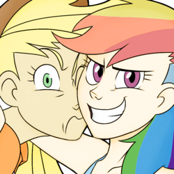 Size: 800x800 | Tagged: safe, artist:redge, artist:thelivingmachine02, applejack, rainbow dash, human, g4, the mysterious mare do well, applejack is not amused, bust, colored, duo, duo female, female, grin, humanized, photo, portrait, scene interpretation, selfie, smiling, unamused