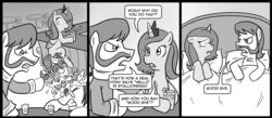 Size: 1000x436 | Tagged: safe, artist:madmax, ace point, princess luna, alicorn, earth pony, pony, g4, bed, comic, female, implied angry sex, implied sex, life lesson, male, manliness, mare, monochrome, pillow, s1 luna, sitting, stallion, stalliongrad