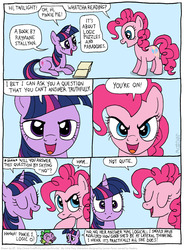 Size: 804x1092 | Tagged: safe, artist:kturtle, pinkie pie, spike, twilight sparkle, dragon, earth pony, pony, unicorn, g4, comic, logic, pinkie logic, unicorn twilight