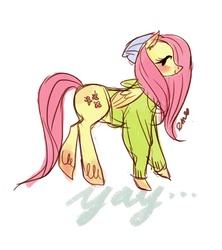 Size: 622x700 | Tagged: safe, artist:emmy, fluttershy, pony, g4, bottomless, clothes, female, hat, hoodie, partial nudity, solo, sweater, sweatershy