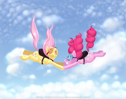 Size: 1753x1384 | Tagged: safe, artist:hollowzero, fluttershy, pinkie pie, g4, cloud, cloudy, crying, female, goggles, lesbian, parachute, ship:flutterpie, shipping, sky, skydiving
