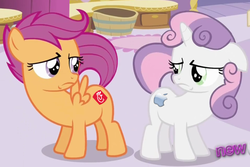 Size: 1026x686 | Tagged: safe, edit, edited screencap, screencap, scootaloo, sweetie belle, pegasus, pony, robot, robot pony, unicorn, g4, ponyville confidential, alternate cutie mark, apple (company), chick-fil-a, cutie mark, female, filly, floppy ears, foal, hooves, horn, logo, raised tail, scootachicken, spread wings, sweetie bot, tail, wings