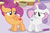 Size: 1026x686 | Tagged: safe, edit, edited screencap, screencap, scootaloo, sweetie belle, pegasus, pony, robot, robot pony, unicorn, g4, ponyville confidential, alternate cutie mark, apple (company), chick-fil-a, cutie mark, female, filly, floppy ears, foal, hooves, horn, logo, raised tail, scootachicken, spread wings, sweetie bot, tail, wings