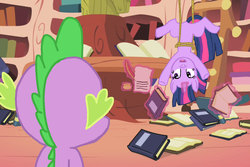Size: 1024x682 | Tagged: safe, artist:kinrah, spike, twilight sparkle, g4, book, golden oaks library, letter, magic, quill, tied up