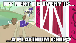 Size: 1278x718 | Tagged: safe, edit, edited screencap, screencap, parcel post, post haste, earth pony, pony, g4, the last roundup, caption, courier, fallout, fallout: new vegas, image macro, male, pony courier, stallion