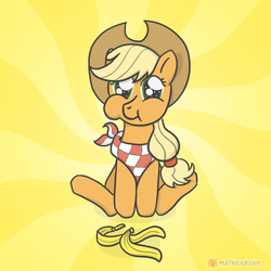 Size: 1013x1013 | Tagged: safe, artist:muffinexplosion, applejack, pony, g4, banana, cute, eating, female, herbivore, sitting, solo