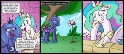 Size: 1500x656 | Tagged: safe, artist:madmax, princess celestia, princess luna, g4, april fools, artifact, bow, clothes, comic, dress, fan, horn, horn ring, pun, s1 luna, tail bow, tears of joy, this will end in tears and/or a journey to the moon, trollestia