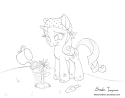 Size: 900x706 | Tagged: safe, artist:sketchinetch, rarity, pony, g4, female, flower, gardening, monochrome, sketch, solo