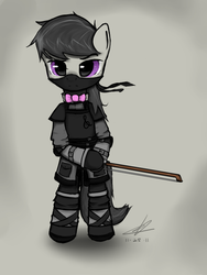 Size: 550x730 | Tagged: safe, artist:a17spartan768, octavia melody, earth pony, pony, g4, bipedal, bow (instrument), clothes, costume, female, ninja, solo, sword, weapon