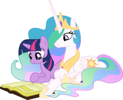 Size: 4199x3418 | Tagged: safe, artist:takua770, princess celestia, twilight sparkle, alicorn, pony, unicorn, g4, crown, duo, duo female, female, folded wings, high res, jewelry, lying down, mare, prone, reading, regalia, simple background, smiling, transparent background, unicorn twilight, vector, wings