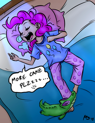Size: 1041x1347 | Tagged: safe, artist:megasweet, artist:trelwin, gummy, pinkie pie, human, g4, bed, clothes, drool, humanized, pajamas, sleeping, snoring, snot bubble, younger, zzz