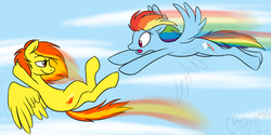 Size: 1000x500 | Tagged: safe, artist:calicopikachu, rainbow dash, spitfire, pegasus, pony, g4, chase, duo, flying, loose hair