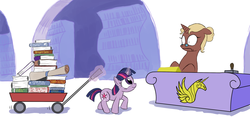 Size: 1280x600 | Tagged: safe, artist:mistermech, twilight sparkle, g4, book, cart, female, filly, filly twilight sparkle, glasses, librarian, library, magic, that pony sure does love books, that pony sure does love studies, younger