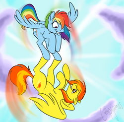 Size: 1522x1500 | Tagged: safe, artist:calicopikachu, rainbow dash, spitfire, pegasus, pony, g4, duo, female, flying, loose hair, mare