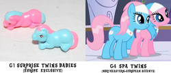 Size: 700x300 | Tagged: safe, aloe, blue twin, lotus blossom, pink twin, earth pony, pony, g1, g4, baby, baby pony, comparison, female, irl, mare, photo, smiling, spa twins, toy