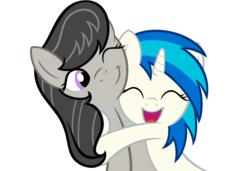 Size: 1500x1025 | Tagged: dead source, safe, artist:datnaro, artist:whitediamonds, dj pon-3, octavia melody, vinyl scratch, earth pony, pony, unicorn, g4, duo, eyes closed, female, hooves, horn, hug, lesbian, mare, one eye closed, open mouth, ship:scratchtavia, shipping, simple background, smiling, transparent background, vector