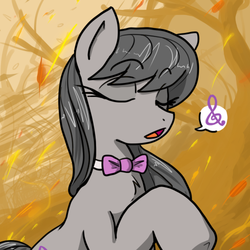 Size: 500x500 | Tagged: safe, artist:reiduran, octavia melody, earth pony, pony, g4, abstract background, bowtie, clef, eyes closed, female, solo, speech bubble