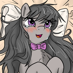 Size: 500x500 | Tagged: safe, artist:reiduran, octavia melody, earth pony, pony, g4, bed, bed mane, blushing, bowtie, chest fluff, crying, cute, female, happy, heartwarming, long hair, long mane, lying, mare, messy hair, messy mane, on back, open mouth, pillow, smiling, solo, sweet dreams fuel, tavibetes, tears of joy, weapons-grade cute