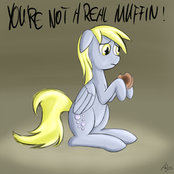 Size: 1200x1200 | Tagged: safe, artist:srk-ares, derpy hooves, pegasus, pony, g4, english muffin, female, floppy ears, mare, sad, sitting, solo