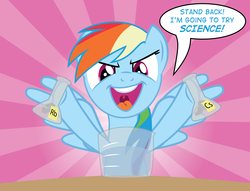 Size: 4292x3277 | Tagged: safe, artist:justablankflank, rainbow dash, pegasus, pony, g4, cesium, chemistry, evil smile, female, for science, imminent explosion, mare, rainbow dumb, rubidium, science, smiling, solo, stand back i'm going to try science, stupidity, this will end in explosions, this will end in science, this will end in tears, this will end in tears and/or death, too dumb to live