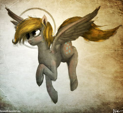 Size: 1024x937 | Tagged: safe, artist:tarantad0, derpy hooves, pegasus, pony, g4, abstract background, female, glowing, halo, mare, solo