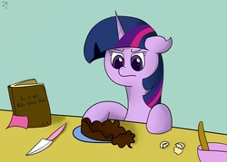 Size: 2000x1428 | Tagged: safe, artist:faithlessrurouni, twilight sparkle, g4, baked bads, baking, book, cooking, egg