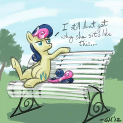 Size: 640x640 | Tagged: safe, artist:giantmosquito, bon bon, sweetie drops, earth pony, pony, g4, bench, bon bon is not amused, dialogue, female, mare, role reversal, sitting, solo