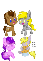 Size: 1240x1754 | Tagged: safe, amethyst star, derpy hooves, dinky hooves, doctor whooves, sparkler, time turner, earth pony, pegasus, pony, unicorn, g4, eat muffins every day, eating, female, filly, food, male, mare, muffin, nom, stallion