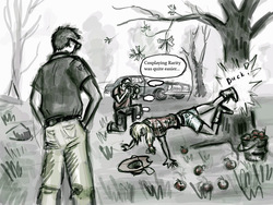 Size: 1024x768 | Tagged: safe, artist:agm, applejack, human, g4, camera, car, comic, cosplay, monochrome, sketch, weird