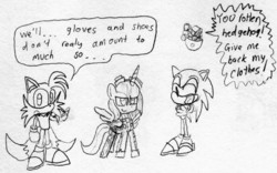 Size: 1466x912 | Tagged: safe, artist:slizergiy, princess luna, g4, clothes, cosplay, costume, crossover, doctor eggman, male, miles "tails" prower, monochrome, newbie artist training grounds, sonic the hedgehog, sonic the hedgehog (series)