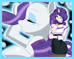 Size: 1800x1440 | Tagged: safe, artist:ninja-8004, rarity, human, g4, breasts, busty rarity, cleavage, clothes, female, horn, horned humanization, humanized, socks, solo, tailed humanization, thigh highs, wink