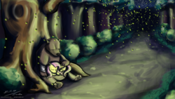 Size: 1920x1080 | Tagged: safe, artist:esuka, fluttershy, bear, firefly (insect), g4