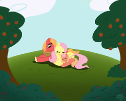 Size: 1500x1207 | Tagged: dead source, safe, artist:sagawolf, big macintosh, fluttershy, oc, oc:apple dove, earth pony, pony, g4, family, filly, foal, male, offspring, parent:big macintosh, parent:fluttershy, parents:fluttermac, ship:fluttermac, shipping, stallion, straight