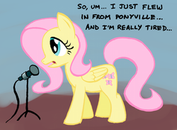 Size: 700x512 | Tagged: safe, artist:ambrosebuttercrust, fluttershy, pony, g4, female, microphone, pun, solo, stand-up comedy
