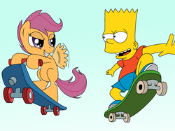 Size: 2592x1936 | Tagged: safe, artist:flowersimh, scootaloo, pony, g4, bart simpson, duo, male, scooter, skateboard, the simpsons