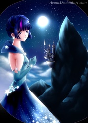 Size: 591x827 | Tagged: safe, artist:aconi, twilight sparkle, human, g4, castle, clothes, dress, equestria, evening gloves, female, gala, gala dress, grand galloping gala, humanized, moon, night, solo
