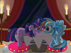 Size: 8000x6000 | Tagged: safe, artist:nightmaremoons, rainbow dash, twilight sparkle, g4, absurd resolution, alternate hairstyle, candle, cushion, date, female, food, happy, lesbian, licking, ship:twidash, shipping, smiling, strawberry, table