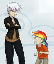 Size: 2520x3000 | Tagged: safe, artist:7nights, gilda, oc, oc:rainbow feather, g4, high res, humanized, interspecies offspring, magical lesbian spawn, mother and daughter, offspring, parent:gilda, parent:rainbow dash, parents:gildash