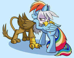Size: 2717x2128 | Tagged: safe, artist:gsphere, gilda, rainbow dash, griffon, pegasus, pony, g4, 2012, blue background, description in comments, duo, duo female, embrace, feels, female, folded wings, friendship, friendshipping, heartwarming, heartwarming in hindsight, high res, hug, simple background, wings