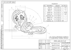 Size: 1492x1056 | Tagged: safe, artist:friendly-laser, fluttershy, pegasus, pony, g4, blueprint, cad, cute, cyrillic, female, grayscale, instructions, lineart, looking at you, mane six opening poses, monochrome, russian, shyabetes, smiling, solo, technical drawing