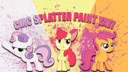 Size: 1920x1080 | Tagged: safe, artist:coloredspice, apple bloom, scootaloo, sweetie belle, g4, cutie mark crusaders, paint splatter, wallpaper