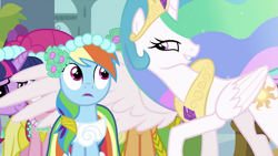 Size: 993x559 | Tagged: safe, screencap, applejack, pinkie pie, princess celestia, rainbow dash, twilight sparkle, pony, a canterlot wedding, g4, season 2, alternate hairstyle, bridesmaid dress, clothes, dress, one wing out, out of context, wings