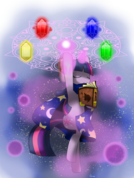 Size: 1050x1400 | Tagged: safe, artist:hoyeechun, twilight sparkle, pony, unicorn, g4, book, cape, clothes, crystal, magic, magic aura, magic circle, spellbook, unicorn twilight